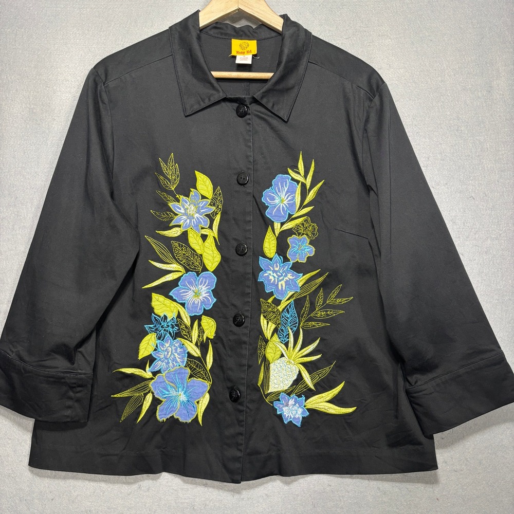 Ruby Rd Black Floral Embroidered Artsy Button‎ Front Jacket Women Size 16